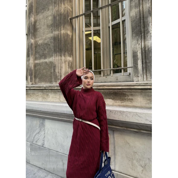 Işıl Örgü Triko Elbise - Bordo