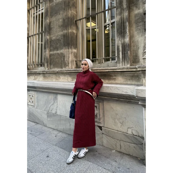 Işıl Örgü Triko Elbise - Bordo