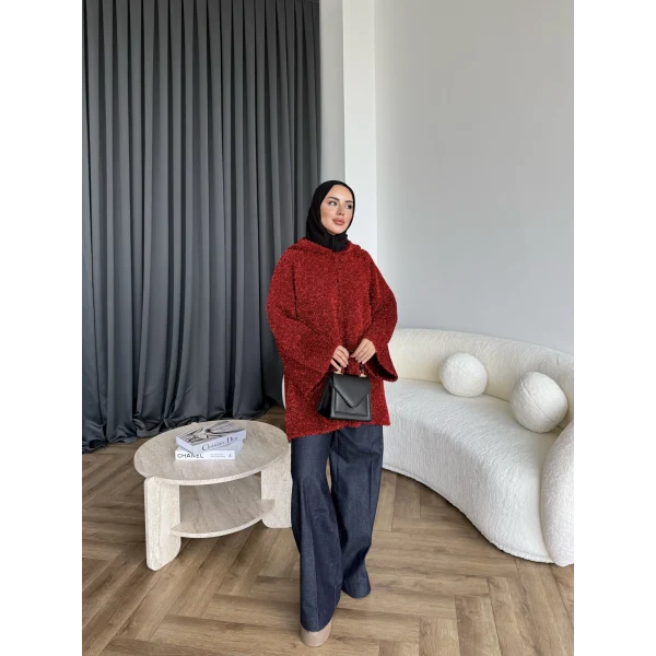 Kapşonlu Simli Hırka - Bordo