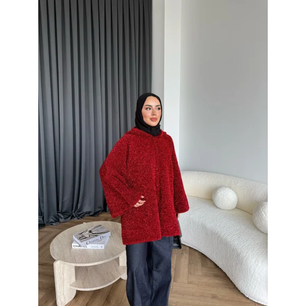 Kapşonlu Simli Hırka - Bordo