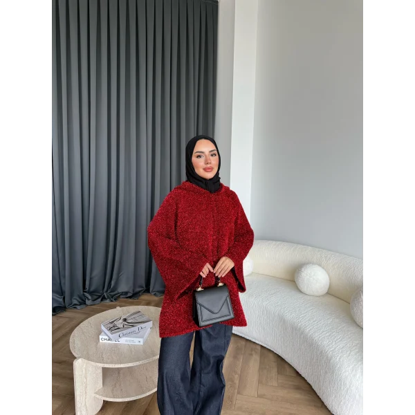 Kapşonlu Simli Hırka - Bordo