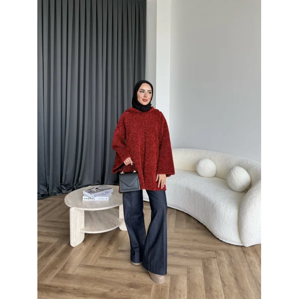 Kapşonlu Simli Hırka - Bordo