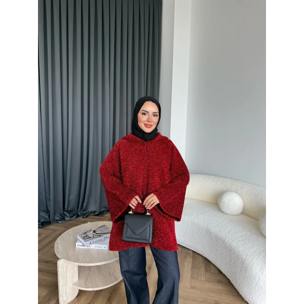 Kapşonlu Simli Hırka - Bordo