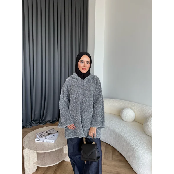 Kapşonlu Simli Hırka - Gri