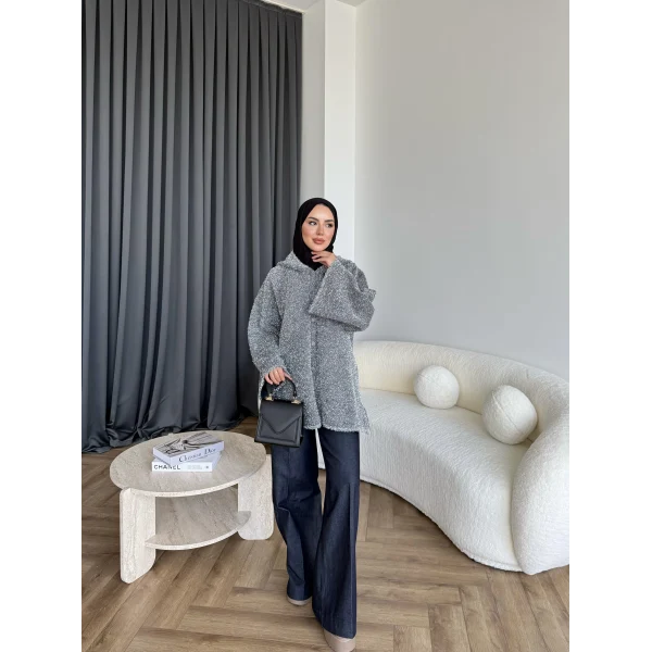 Kapşonlu Simli Hırka - Gri