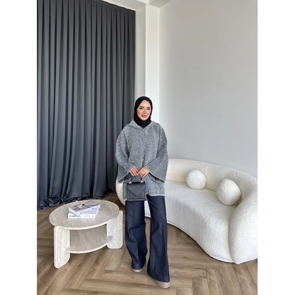 Kapşonlu Simli Hırka - Gri