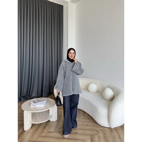 Kapşonlu Simli Hırka - Gri