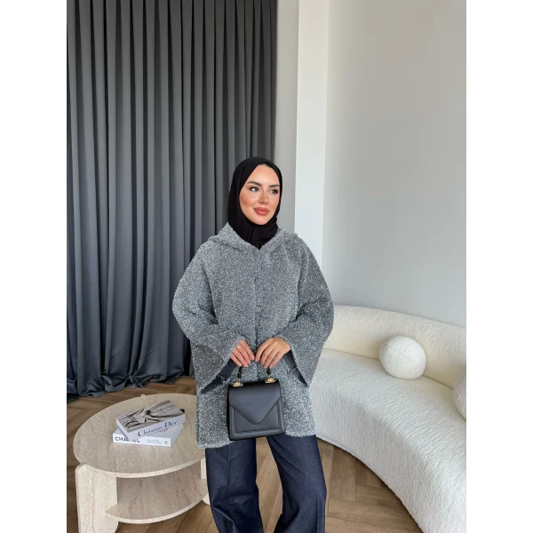 Kapşonlu Simli Hırka - Gri