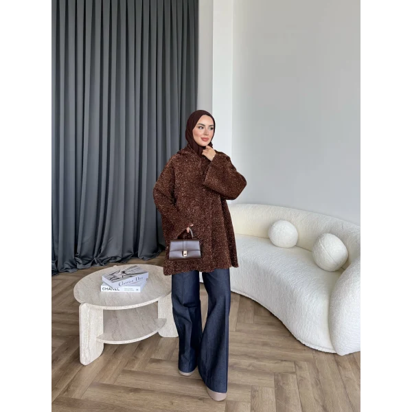 Kapşonlu Simli Hırka - Kahve
