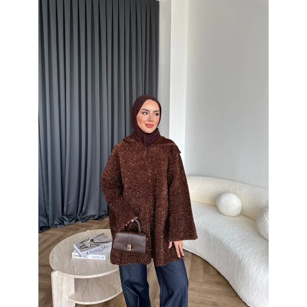 Kapşonlu Simli Hırka - Kahve