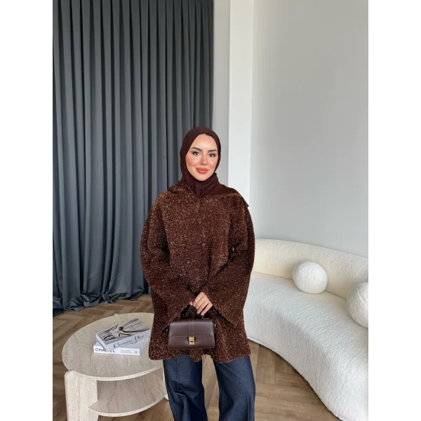 Kapşonlu Simli Hırka - Kahve