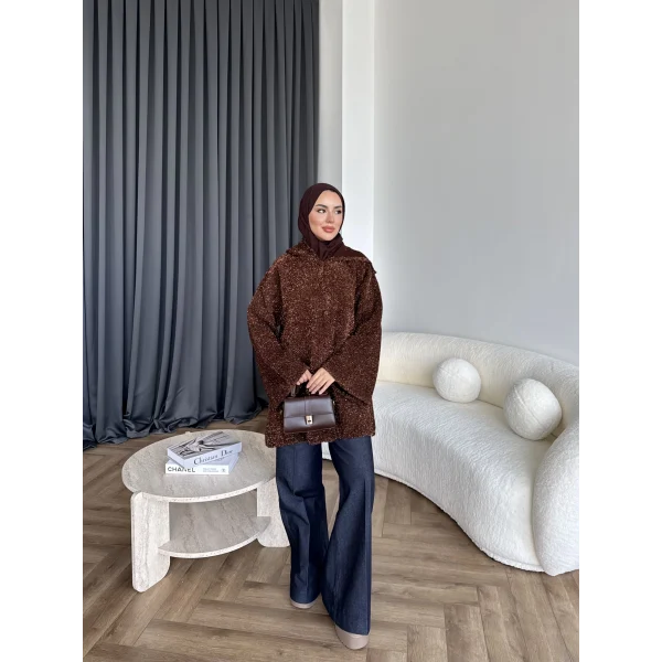 Kapşonlu Simli Hırka - Kahve