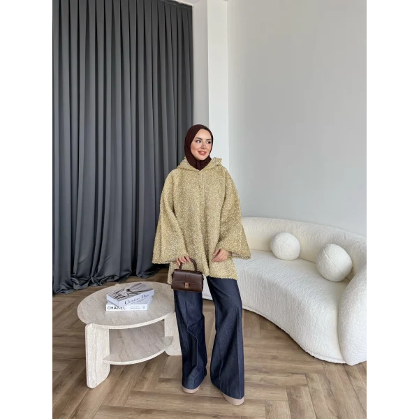 Kapşonlu Simli Hırka - Sarı