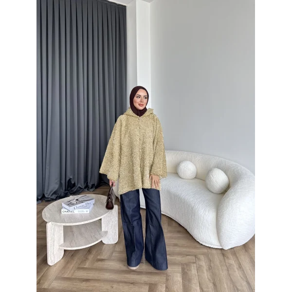 Kapşonlu Simli Hırka - Sarı