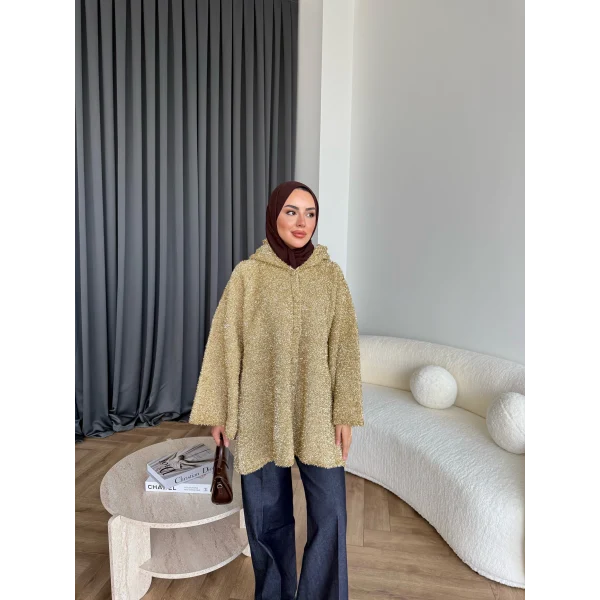 Kapşonlu Simli Hırka - Sarı