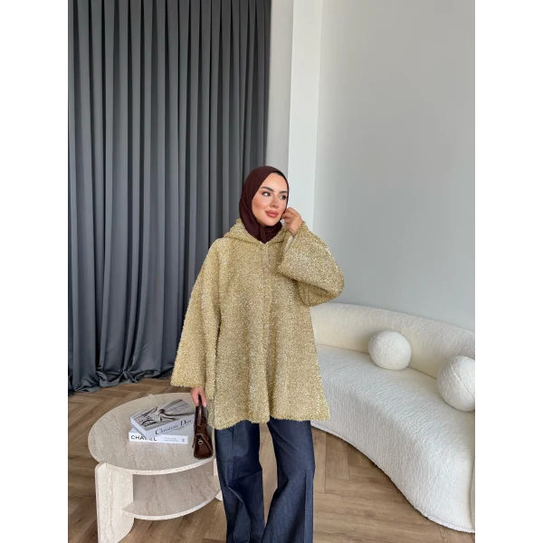 Kapşonlu Simli Hırka - Sarı