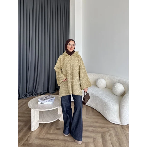 Kapşonlu Simli Hırka - Sarı