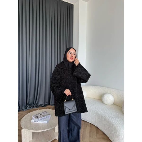 Kapşonlu Simli Hırka - Siyah