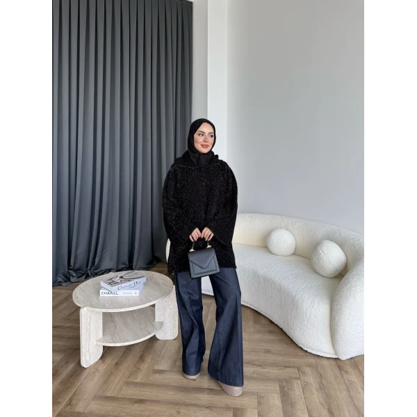 Kapşonlu Simli Hırka - Siyah