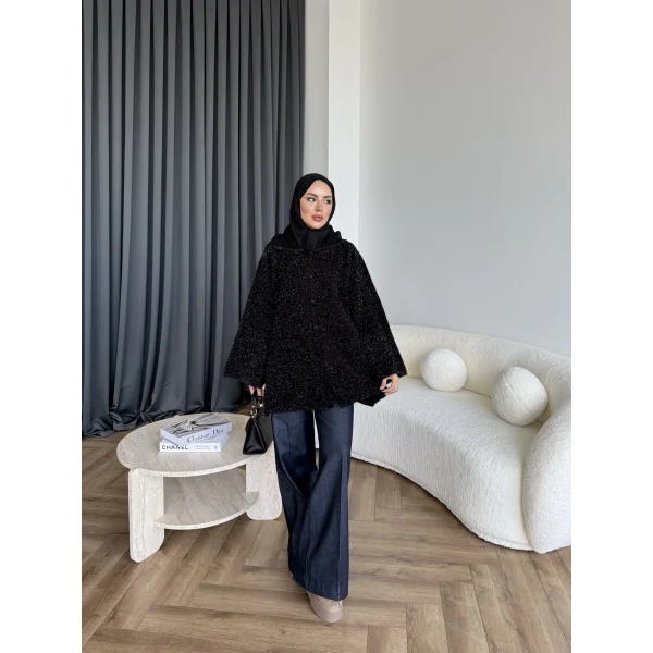 Kapşonlu Simli Hırka - Siyah