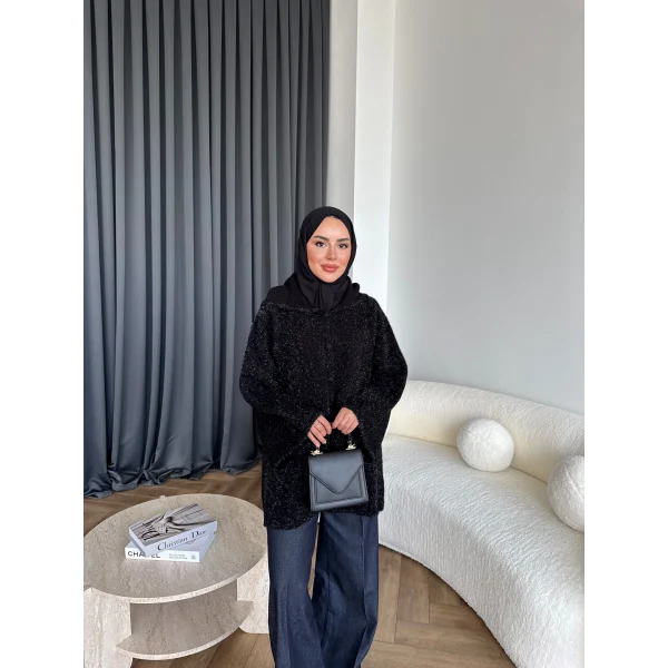 Kapşonlu Simli Hırka - Siyah