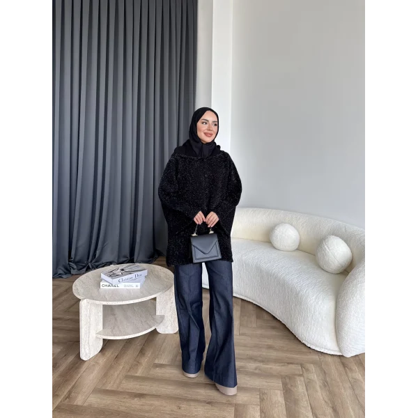 Kapşonlu Simli Hırka - Siyah