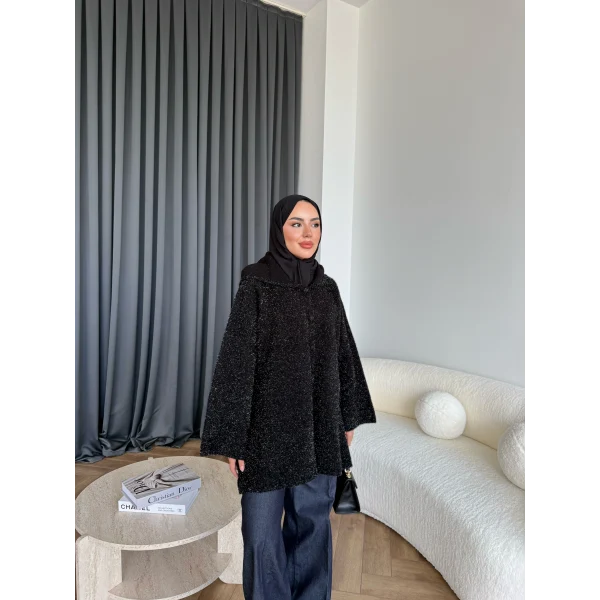 Kapşonlu Simli Hırka - Siyah