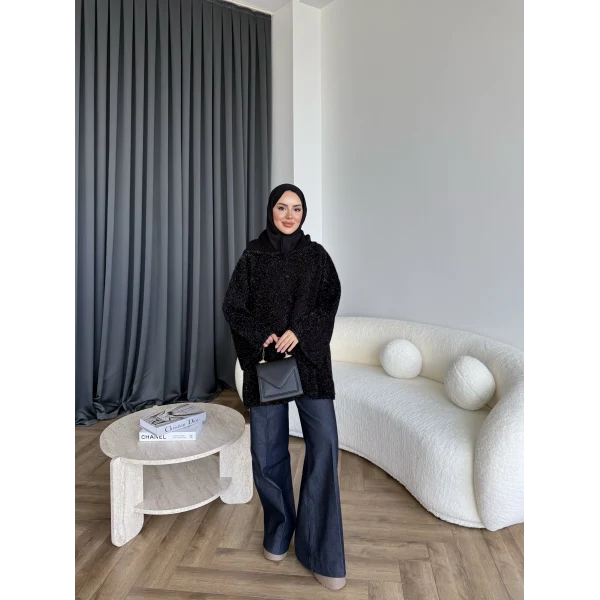 Kapşonlu Simli Hırka - Siyah