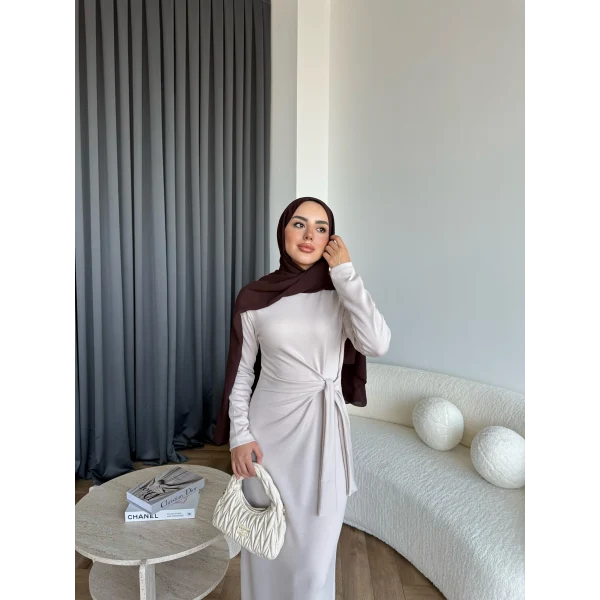 Kelsi Bağlamalı Elbise - Bej