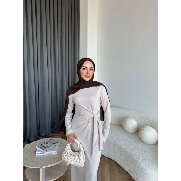 Kelsi Bağlamalı Elbise - Bej