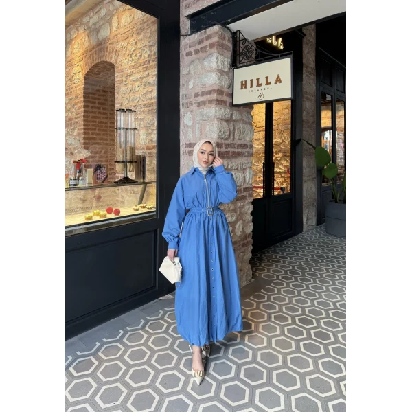 Kemerli Balon Kol Elbise - Mavi