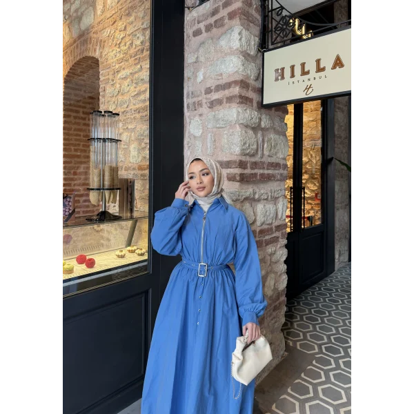 Kemerli Balon Kol Elbise - Mavi