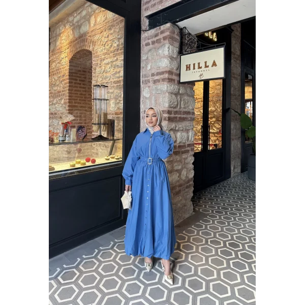Kemerli Balon Kol Elbise - Mavi