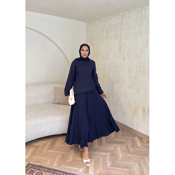 Keten Kırışık Etek Takım - Lacivert