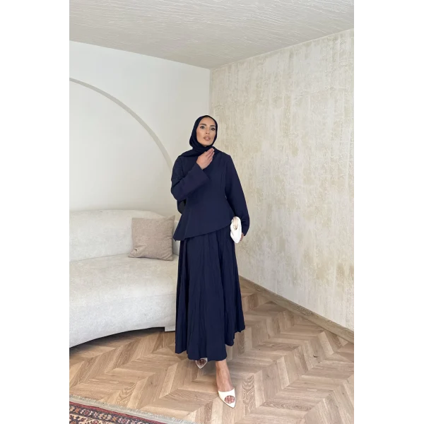 Keten Kırışık Etek Takım - Lacivert