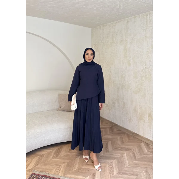 Keten Kırışık Etek Takım - Lacivert