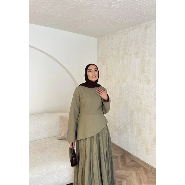 Keten Kırışık Etek Takım - Yeşil