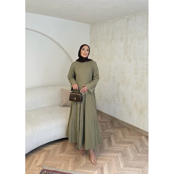 Keten Kırışık Etek Takım - Yeşil