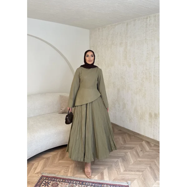 Keten Kırışık Etek Takım - Yeşil