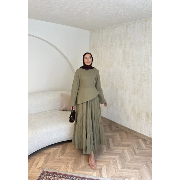 Keten Kırışık Etek Takım - Yeşil