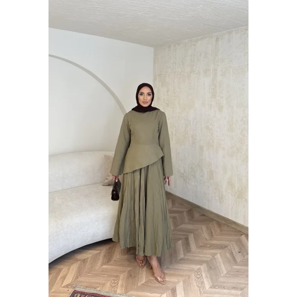 Keten Kırışık Etek Takım - Yeşil