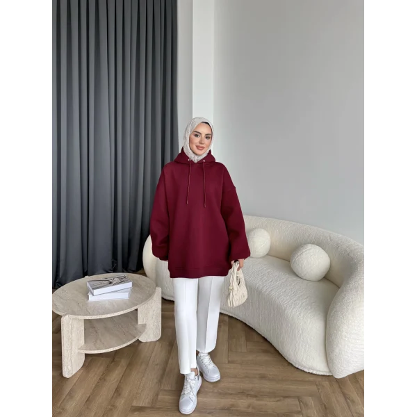 Kolu Piliseli 3 İplik Sweat - Bordo