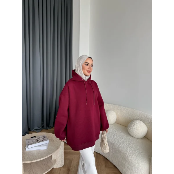 Kolu Piliseli 3 İplik Sweat - Bordo