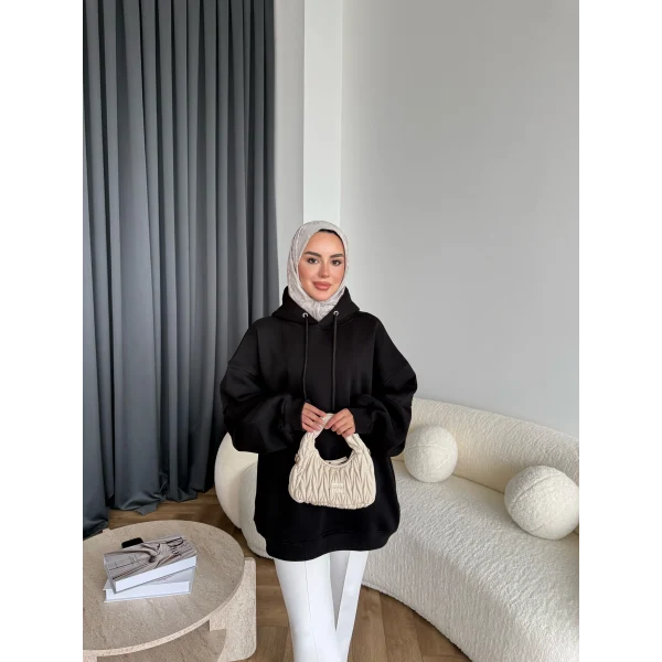 Kolu Piliseli 3 İplik Sweat - Siyah