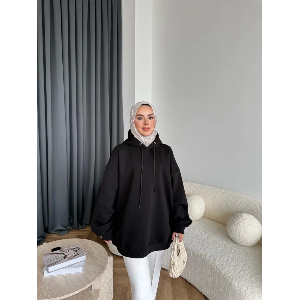 Kolu Piliseli 3 İplik Sweat - Siyah