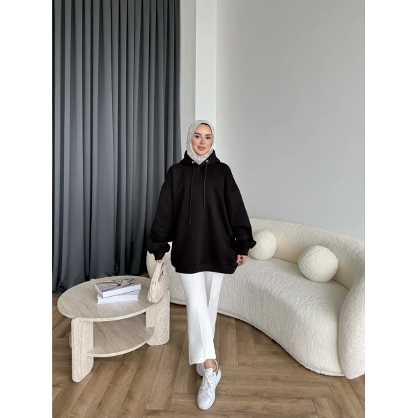 Kolu Piliseli 3 İplik Sweat - Siyah