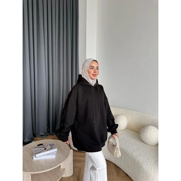 Kolu Piliseli 3 İplik Sweat - Siyah