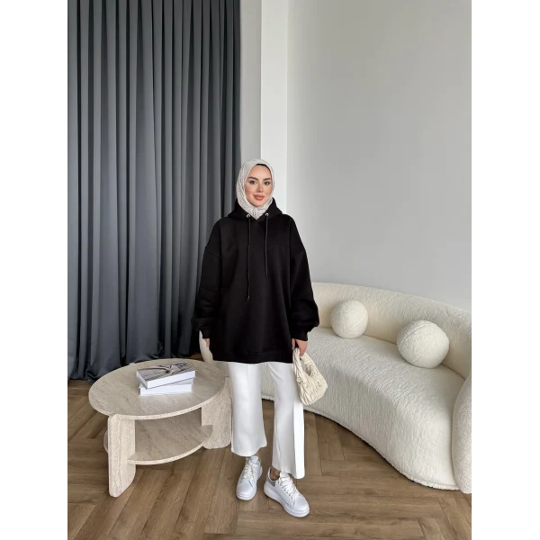 Kolu Piliseli 3 İplik Sweat - Siyah