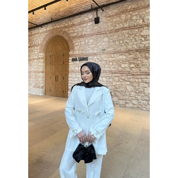 Kurdele Detaylı Kot Ceket - Beyaz