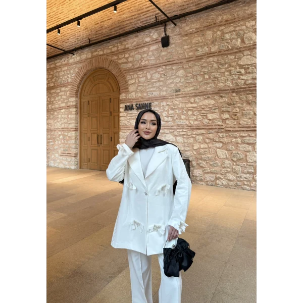 Kurdele Detaylı Kot Ceket - Beyaz